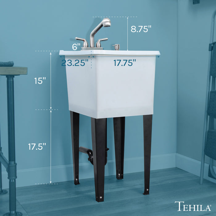 Tehila Space Saver Freestanding White Utility Sink with Stainless Steel Finish Pull-Out Faucet - Side View