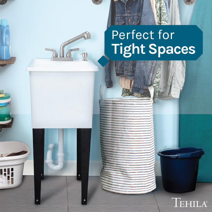 Tehila Space Saver Freestanding White Utility Sink with Stainless Steel Finish Pull-Out Faucet - Detail View