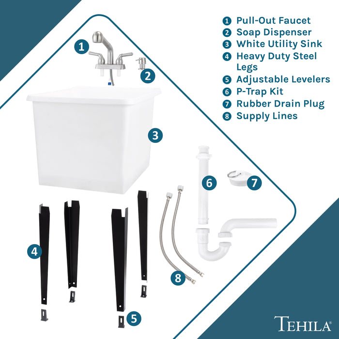 Tehila Space Saver Freestanding White Utility Sink with Stainless Steel Finish Pull-Out Faucet - View 9