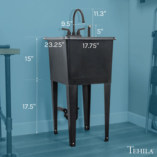 Tehila Space Saver Freestanding Black Utility Sink with Black Finish Gooseneck Faucet and Side Sprayer - Side View