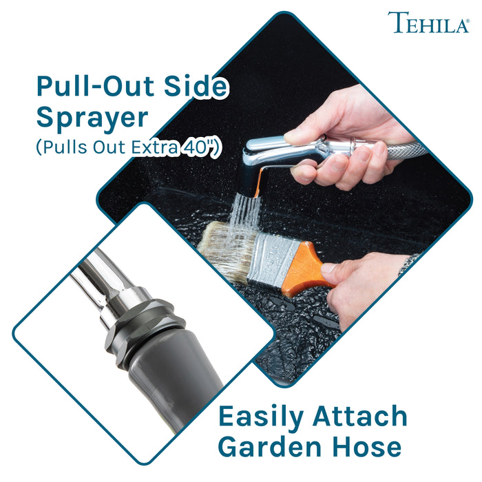 Tehila Space Saver Freestanding Black Utility Sink with Chrome Finish Gooseneck Faucet and Side Sprayer - Features