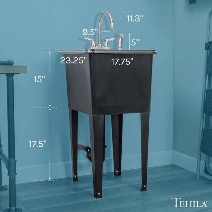 Tehila Space Saver Freestanding Black Utility Sink with Stainless Steel Finish Gooseneck Faucet and Side Sprayer - Side View