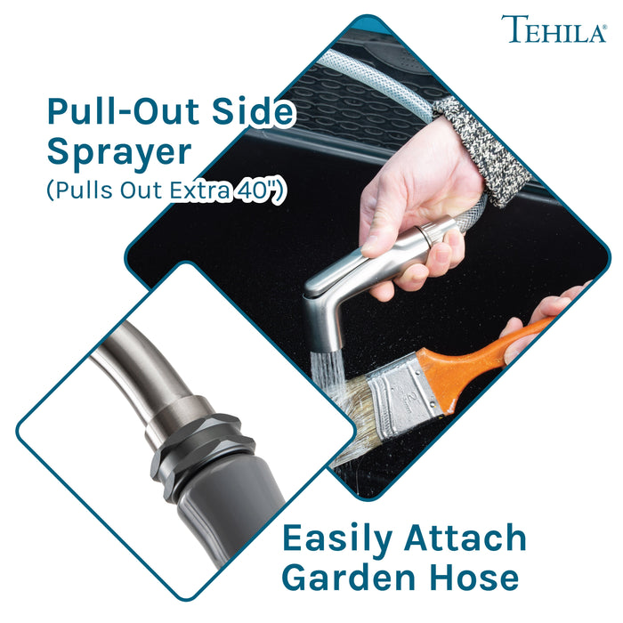 Tehila Space Saver Freestanding Black Utility Sink with Stainless Steel Finish Gooseneck Faucet and Side Sprayer - Features