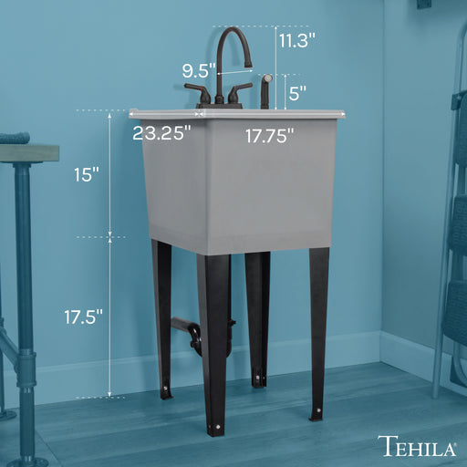 Tehila Space Saver Freestanding Grey Utility Sink with Black Finish Gooseneck Faucet and Side Sprayer - Side View