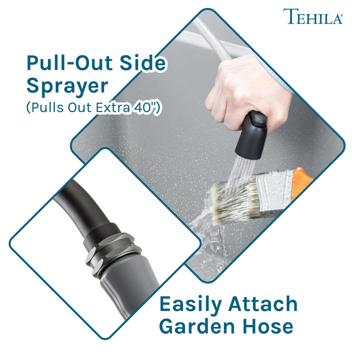 Tehila Space Saver Freestanding Grey Utility Sink with Black Finish Gooseneck Faucet and Side Sprayer - Features