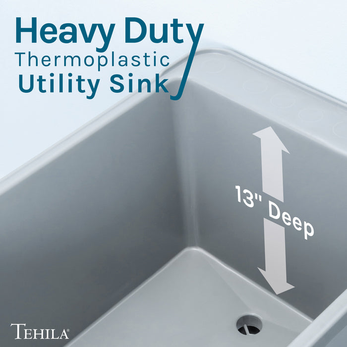 Tehila Space Saver Freestanding Grey Utility Sink with Chrome Finish Gooseneck Faucet and Side Sprayer - Lifestyle View