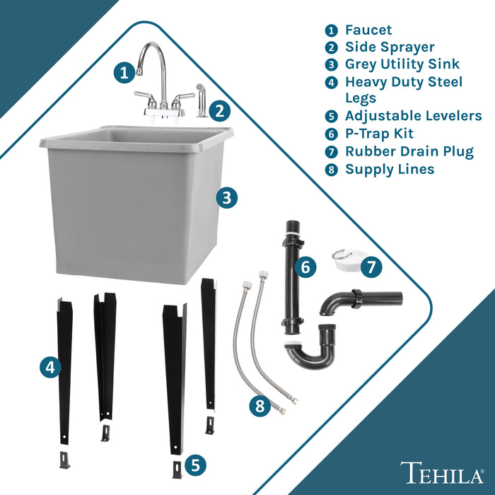 Tehila Space Saver Freestanding Grey Utility Sink with Chrome Finish Gooseneck Faucet and Side Sprayer - View 9
