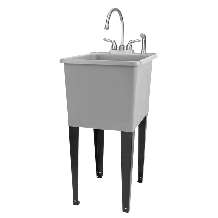 Tehila Space Saver Freestanding Grey Utility Sink with Stainless Steel Finish Gooseneck Faucet and Side Sprayer