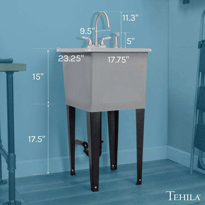 Tehila Space Saver Freestanding Grey Utility Sink with Stainless Steel Finish Gooseneck Faucet and Side Sprayer - Side View