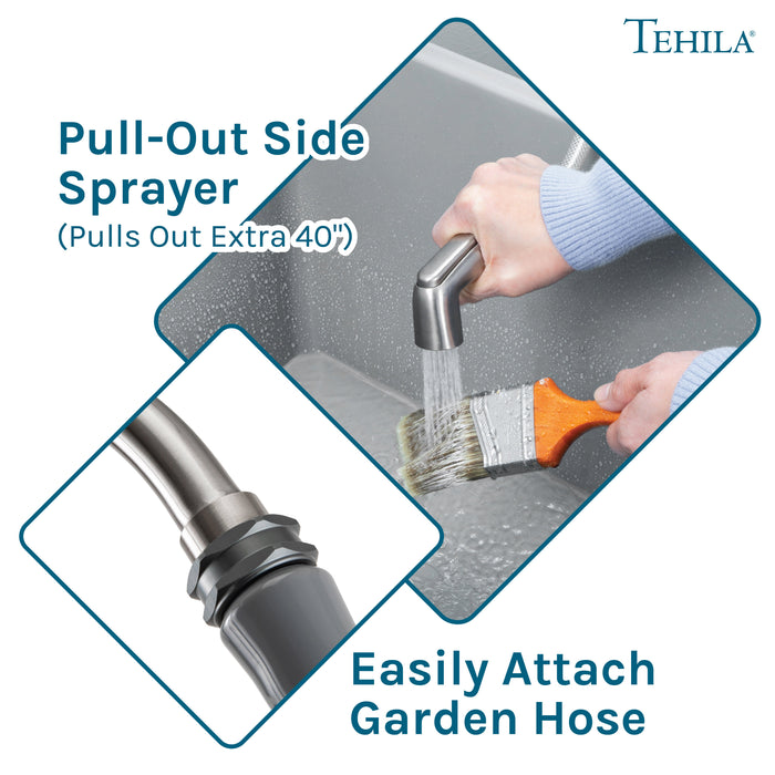 Tehila Space Saver Freestanding Grey Utility Sink with Stainless Steel Finish Gooseneck Faucet and Side Sprayer - Features