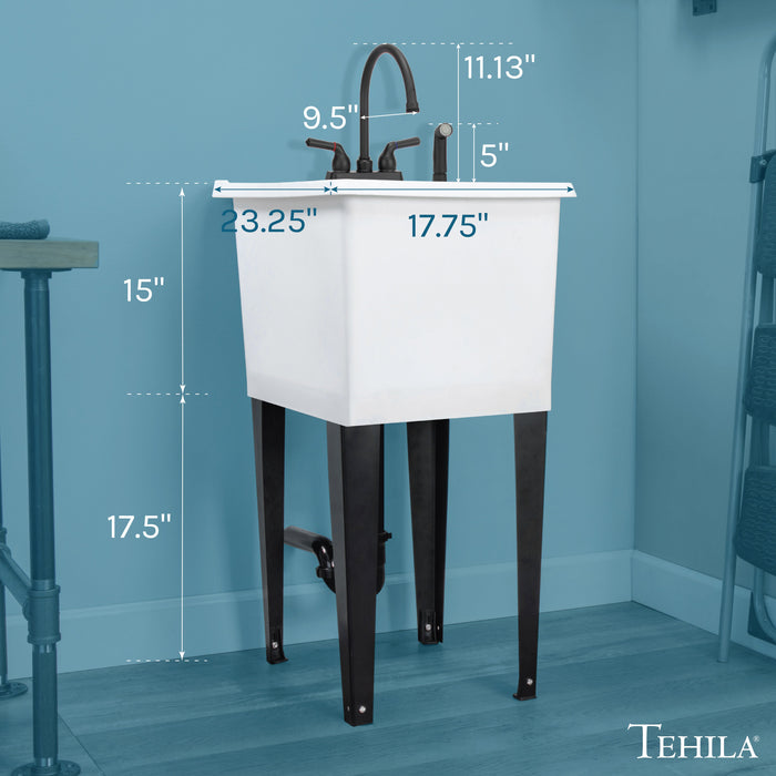 Tehila Space Saver Freestanding White Utility Sink with Black Finish Gooseneck Faucet and Side Sprayer - Side View