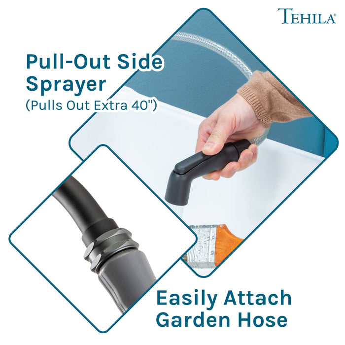 Tehila Space Saver Freestanding White Utility Sink with Black Finish Gooseneck Faucet and Side Sprayer - Features