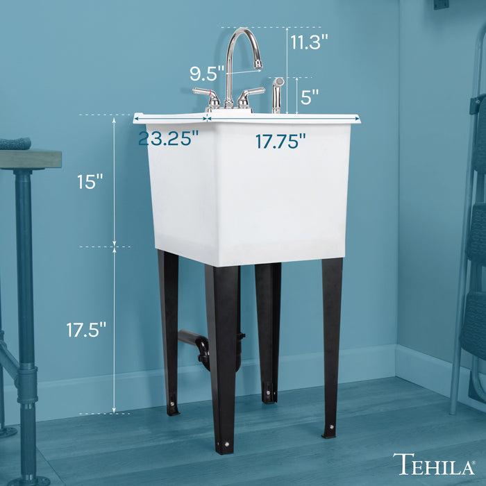 Tehila Space Saver Freestanding White Utility Sink with Chrome Finish Gooseneck Faucet and Side Sprayer - Side View
