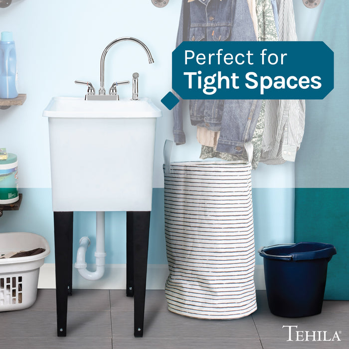Tehila Space Saver Freestanding White Utility Sink with Chrome Finish Gooseneck Faucet and Side Sprayer - Detail View