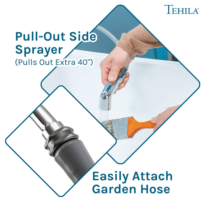 Tehila Space Saver Freestanding White Utility Sink with Chrome Finish Gooseneck Faucet and Side Sprayer - Features