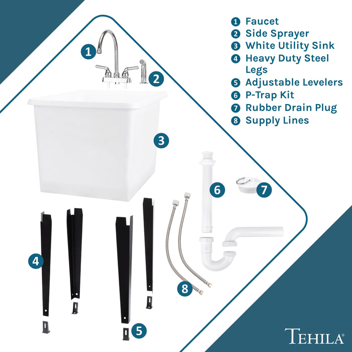 Tehila Space Saver Freestanding White Utility Sink with Chrome Finish Gooseneck Faucet and Side Sprayer - View 9