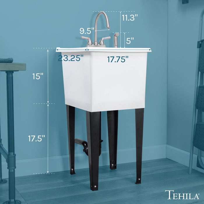 Tehila Space Saver Freestanding White Utility Sink with Stainless Steel Finish Gooseneck Faucet and Side Sprayer - Side View