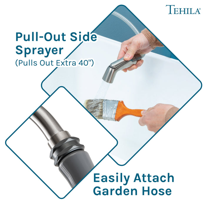 Tehila Space Saver Freestanding White Utility Sink with Stainless Steel Finish Gooseneck Faucet and Side Sprayer - Features