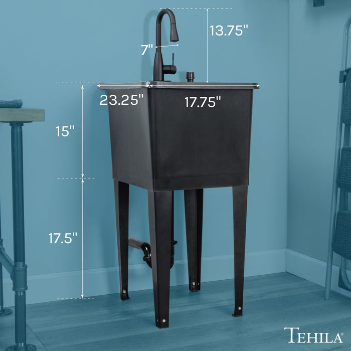 Tehila Space Saver Freestanding Black Utility Sink with Black Finish Low-Profile Pull-Down Faucet - Side View