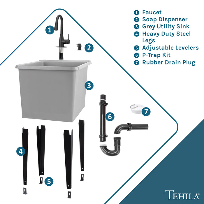 Tehila Space Saver Freestanding Grey Utility Sink with Black Finish Low-Profile Pull-Down Faucet - View 9