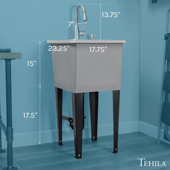 Tehila Space Saver Freestanding Grey Utility Sink with Stainless Steel Finish Low-Profile Pull-Down Faucet - Side View