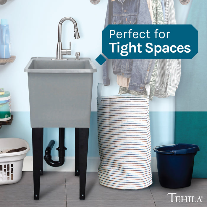 Tehila Space Saver Freestanding Grey Utility Sink with Stainless Steel Finish Low-Profile Pull-Down Faucet - Detail View