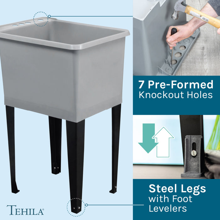 Tehila Space Saver Freestanding Grey Utility Sink with Stainless Steel Finish Low-Profile Pull-Down Faucet - Dimensions