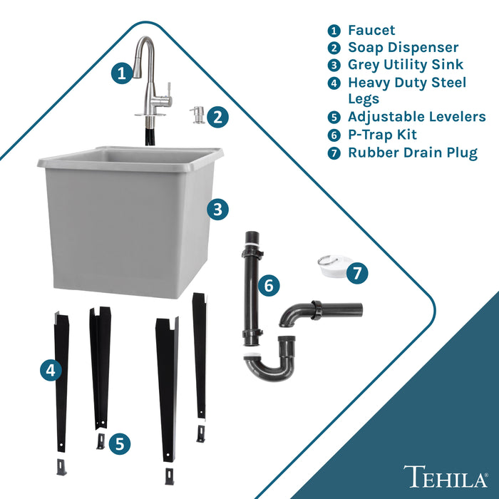 Tehila Space Saver Freestanding Grey Utility Sink with Stainless Steel Finish Low-Profile Pull-Down Faucet - View 9
