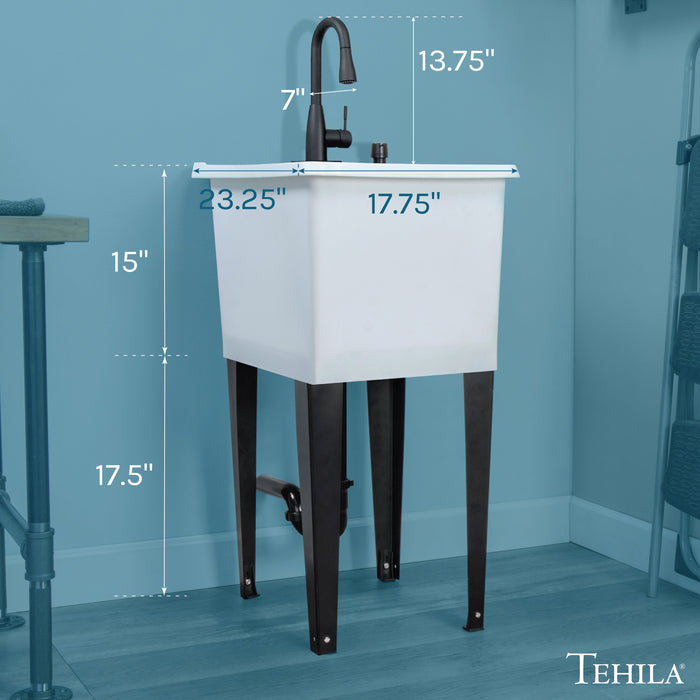 Tehila Space Saver Freestanding White Utility Sink with Black Finish Low-Profile Pull-Down Faucet - Side View