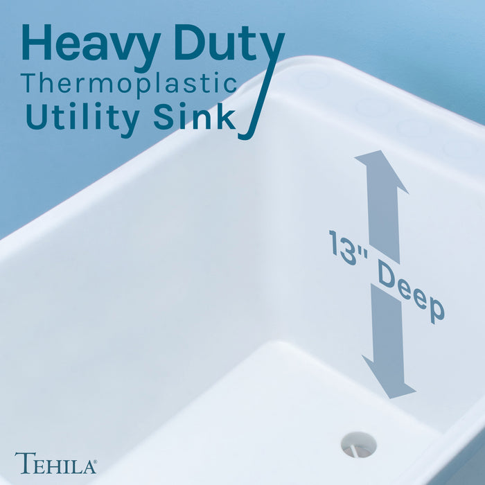 Tehila Space Saver Freestanding White Utility Sink with Black Finish Low-Profile Pull-Down Faucet - Lifestyle View