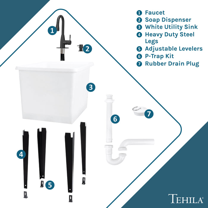 Tehila Space Saver Freestanding White Utility Sink with Black Finish Low-Profile Pull-Down Faucet - View 9