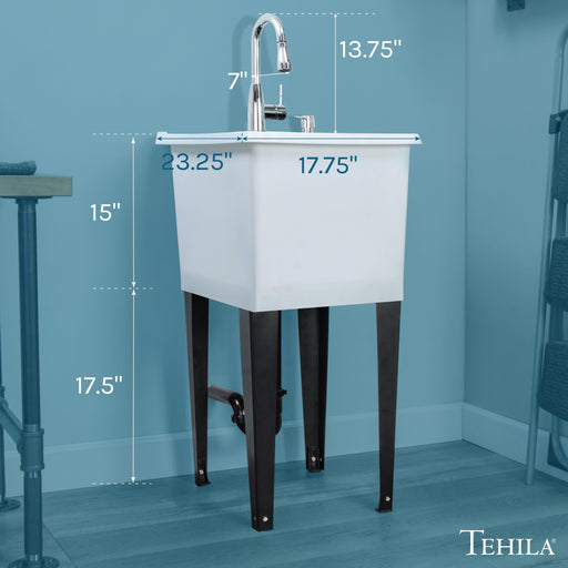 Tehila Space Saver Freestanding White Utility Sink with Chrome Finish Low-Profile Pull-Down Faucet - Side View