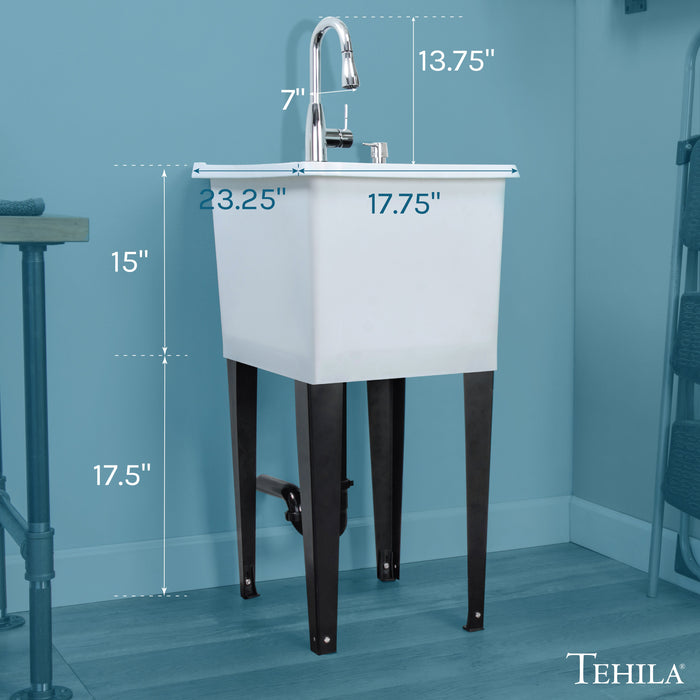 Tehila Space Saver Freestanding White Utility Sink with Chrome Finish Low-Profile Pull-Down Faucet - Side View