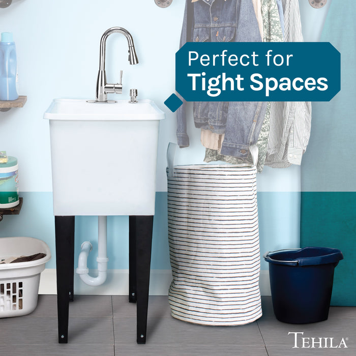 Tehila Space Saver Freestanding White Utility Sink with Chrome Finish Low-Profile Pull-Down Faucet - Detail View