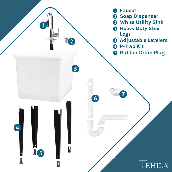 Tehila Space Saver Freestanding White Utility Sink with Chrome Finish Low-Profile Pull-Down Faucet - View 9