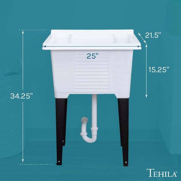 Tehila Luxe Freestanding White Utility Sink with Drainage Kit, No Supply Lines, No Strainer Basket - Side View
