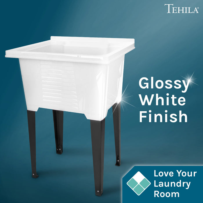Tehila Luxe Freestanding White Utility Sink with Drainage Kit, No Supply Lines, No Strainer Basket - Detail View