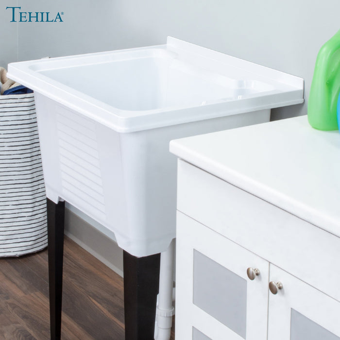 Tehila Luxe Freestanding White Utility Sink with Drainage Kit, No Supply Lines, No Strainer Basket - Close-Up