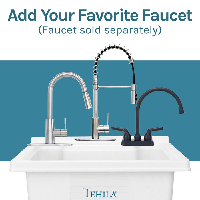 Tehila Luxe Freestanding White Utility Sink with Drainage Kit, No Supply Lines, No Strainer Basket - Lifestyle View