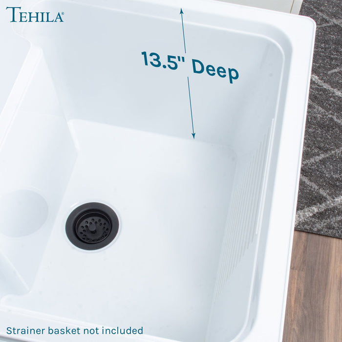 Tehila Luxe Freestanding White Utility Sink with Drainage Kit, No Supply Lines, No Strainer Basket - Features