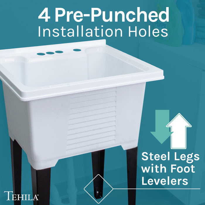 Tehila Luxe Freestanding White Utility Sink with Drainage Kit, No Supply Lines, No Strainer Basket - Installation View