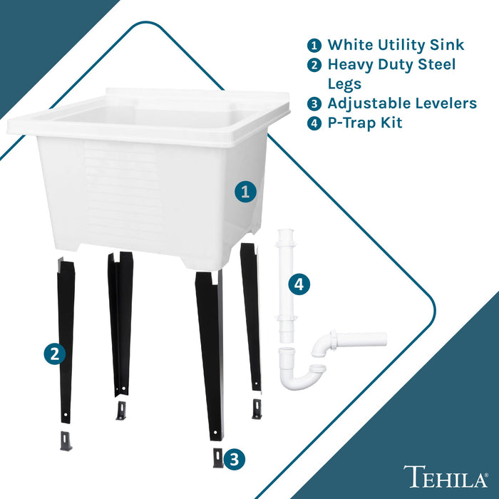 Tehila Luxe Freestanding White Utility Sink with Drainage Kit, No Supply Lines, No Strainer Basket - View 9