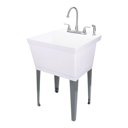 Tehila Standard Freestanding White Utility Sink with Grey Legs and Stainless Steel Finish Wide-set Gooseneck Faucet with...