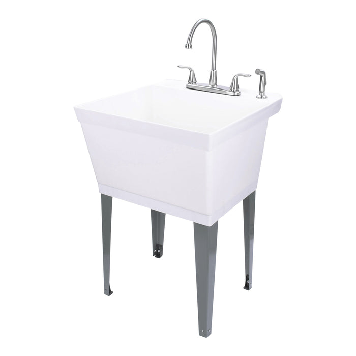 Tehila Standard Freestanding White Utility Sink with Grey Legs and Stainless Steel Finish Wide-set Gooseneck Faucet with...