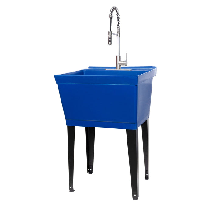 Tehila Standard Freestanding Blue Utility Sink with Stainless Steel Finish High-Arc Coil Pull-Down Faucet