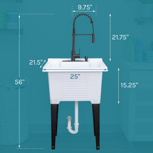 Tehila Luxe Freestanding White Utility Sink with Black Finish High-Arc Coil Pull-Down Faucet - Side View