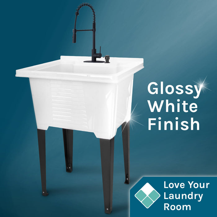 Tehila Luxe Freestanding White Utility Sink with Black Finish High-Arc Coil Pull-Down Faucet - Detail View