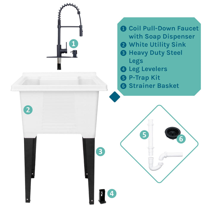 Tehila Luxe Freestanding White Utility Sink with Black Finish High-Arc Coil Pull-Down Faucet - View 9