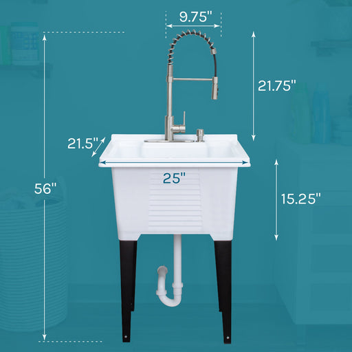 Tehila Luxe Freestanding White Utility Sink with Stainless Steel Finish High-Arc Coil Pull-Down Faucet - Side View