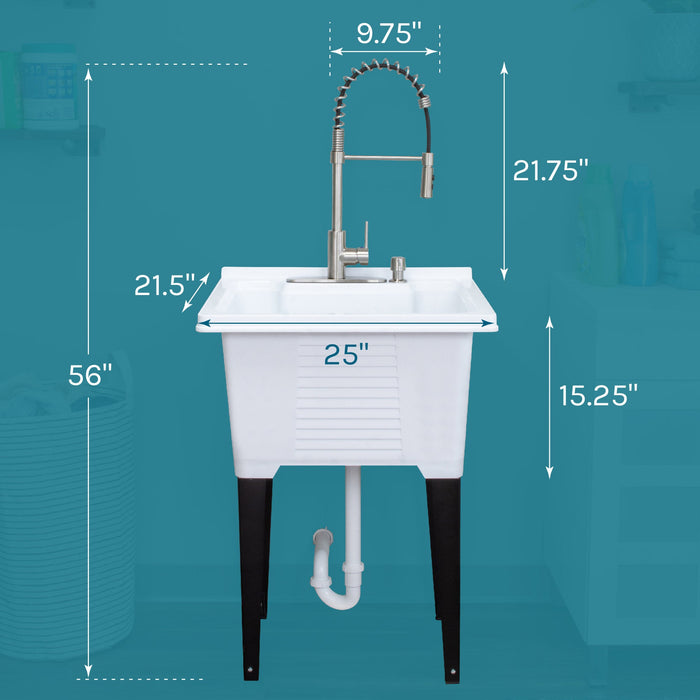 Tehila Luxe Freestanding White Utility Sink with Stainless Steel Finish High-Arc Coil Pull-Down Faucet - Side View